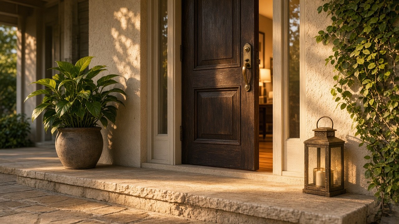 Cửa chính gỗ, cây xanh và đèn lồng — gợi ý phong thủy nhà Houston