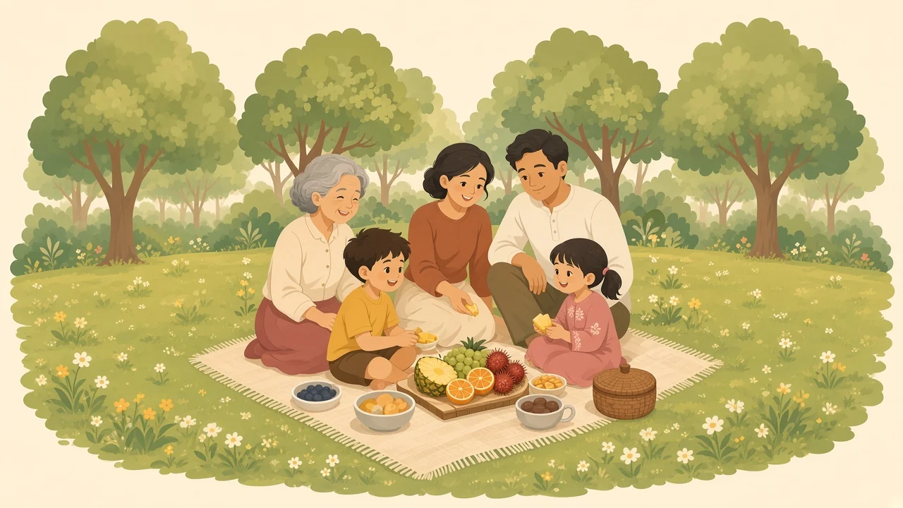 Minh họa gia đình Việt nhiều thế hệ ngồi picnic
