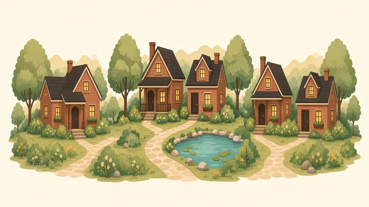 Minh họa nhà ngoại ô ấm cúng, hồ nhỏ và cây xanh