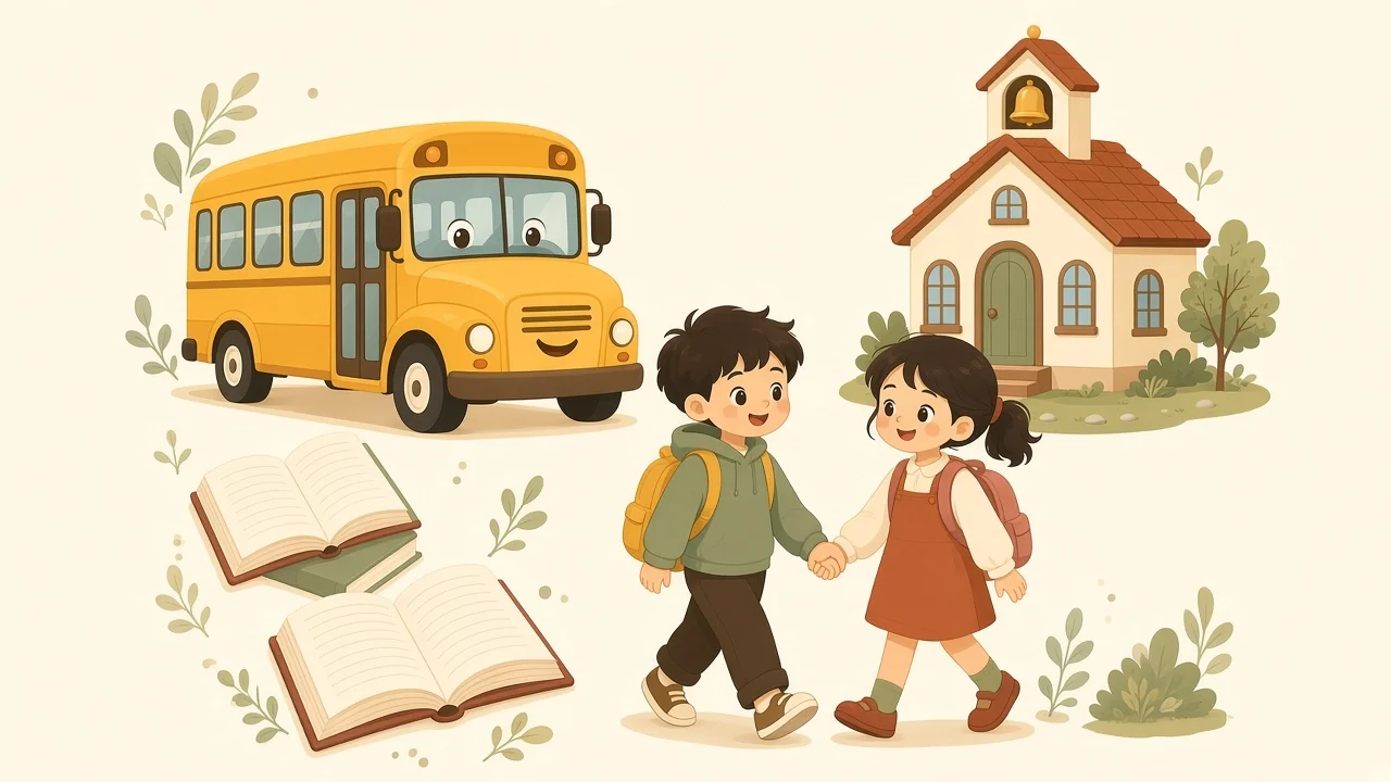 Minh họa xe buýt trường, sách và trẻ em đến trường