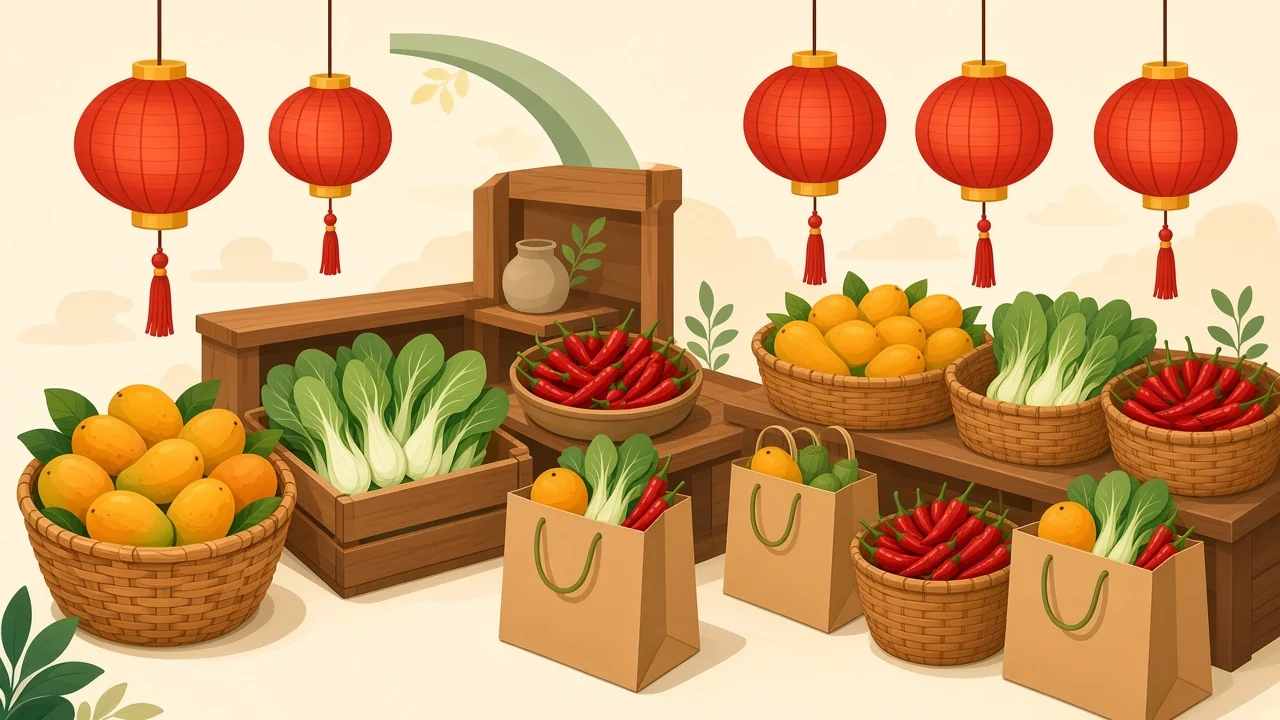 Minh họa chợ Á: rau, trái cây, lồng đèn, không có logo