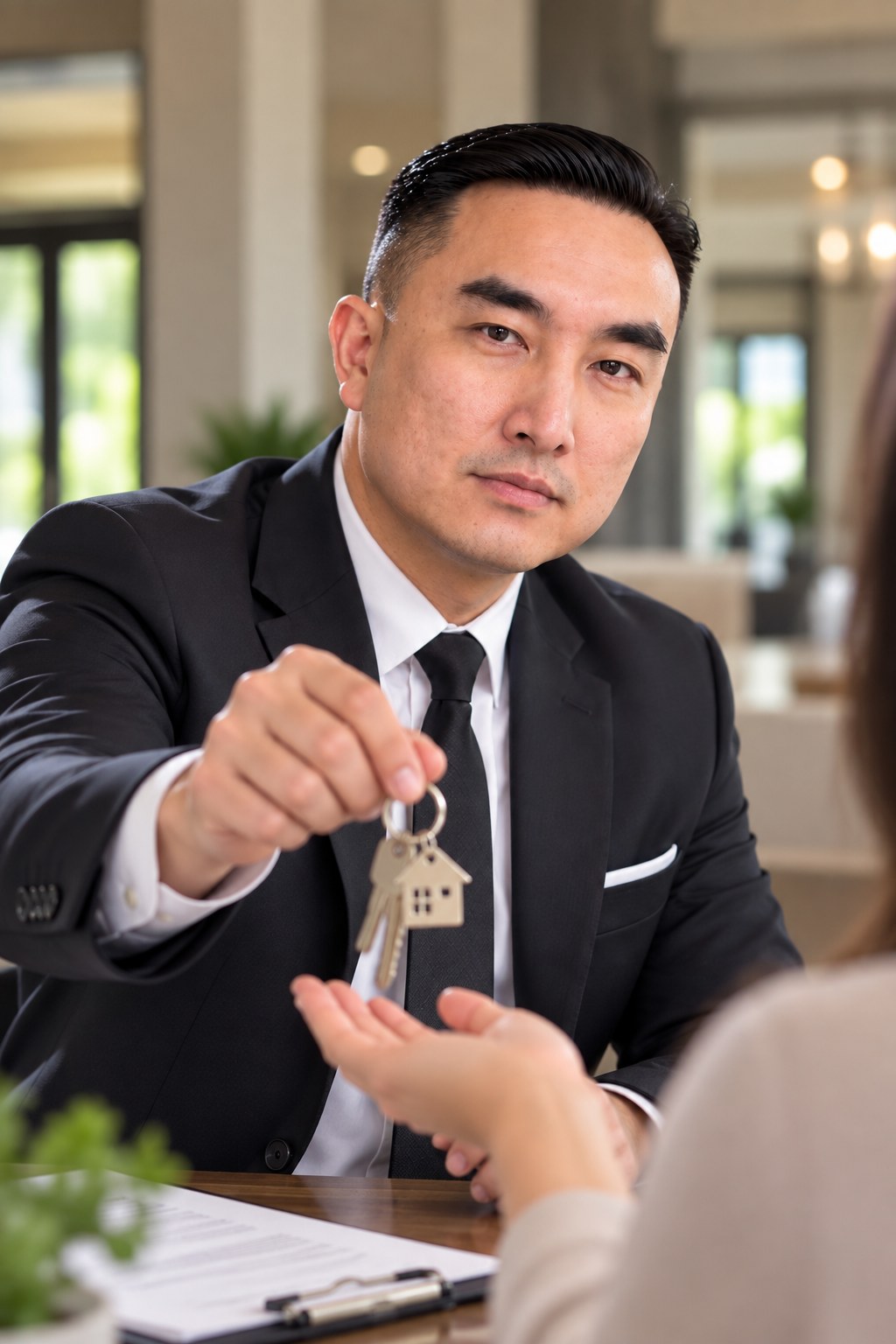 Stan Nguyen trao chìa khóa nhà cho khách, ngồi đối diện qua bàn làm việc